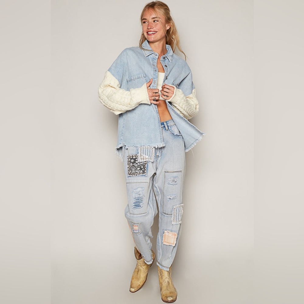POL Denim & Cable Knit Button Down Shacket - Picture 5 of 9